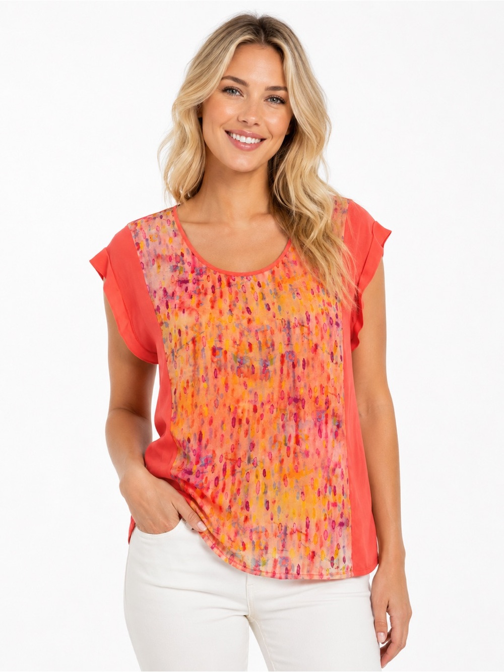 Trouvé Coral and Watercolor Mixed Media Blouse, Size M, EUC